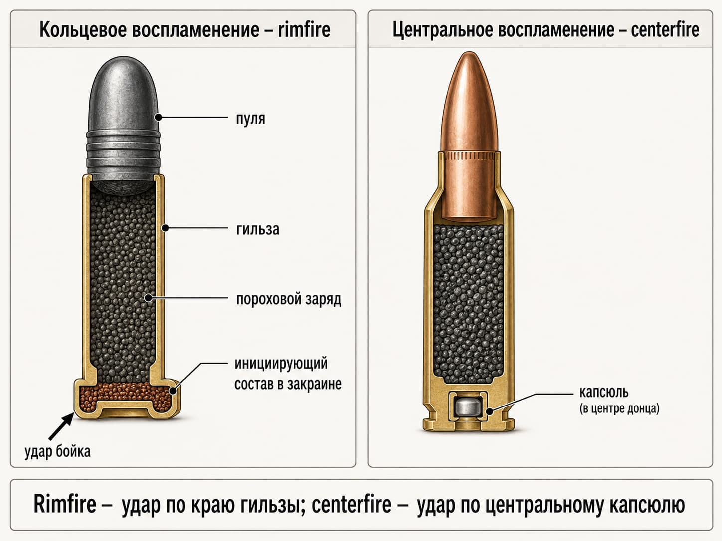Схема кольцевого воспламенения .22 LR и центрального воспламенения