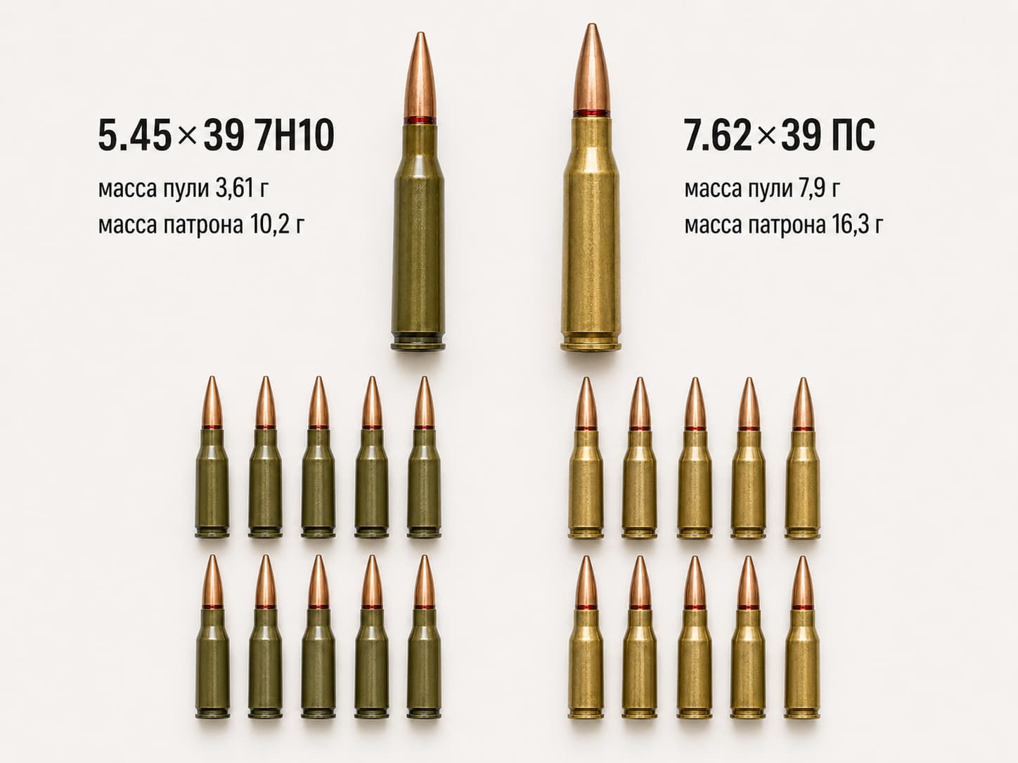 Сравнение массы патронов 5.45×39 и 7.62×39
